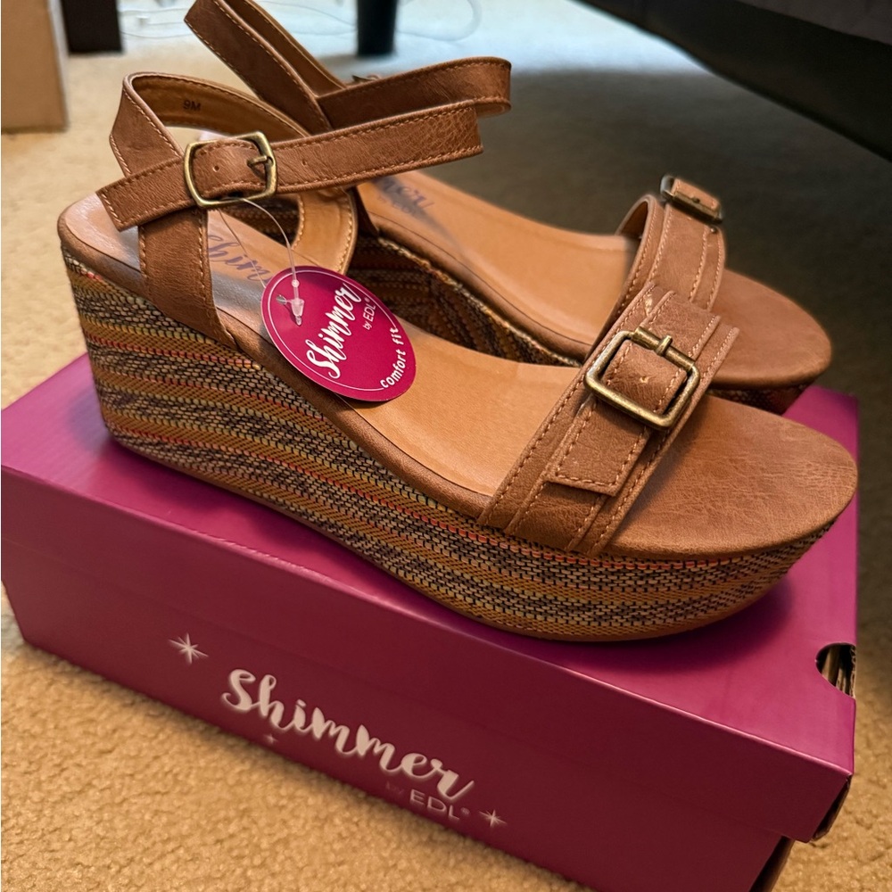 Tan Wedge Sandals with Ankle Strap and Open Toe